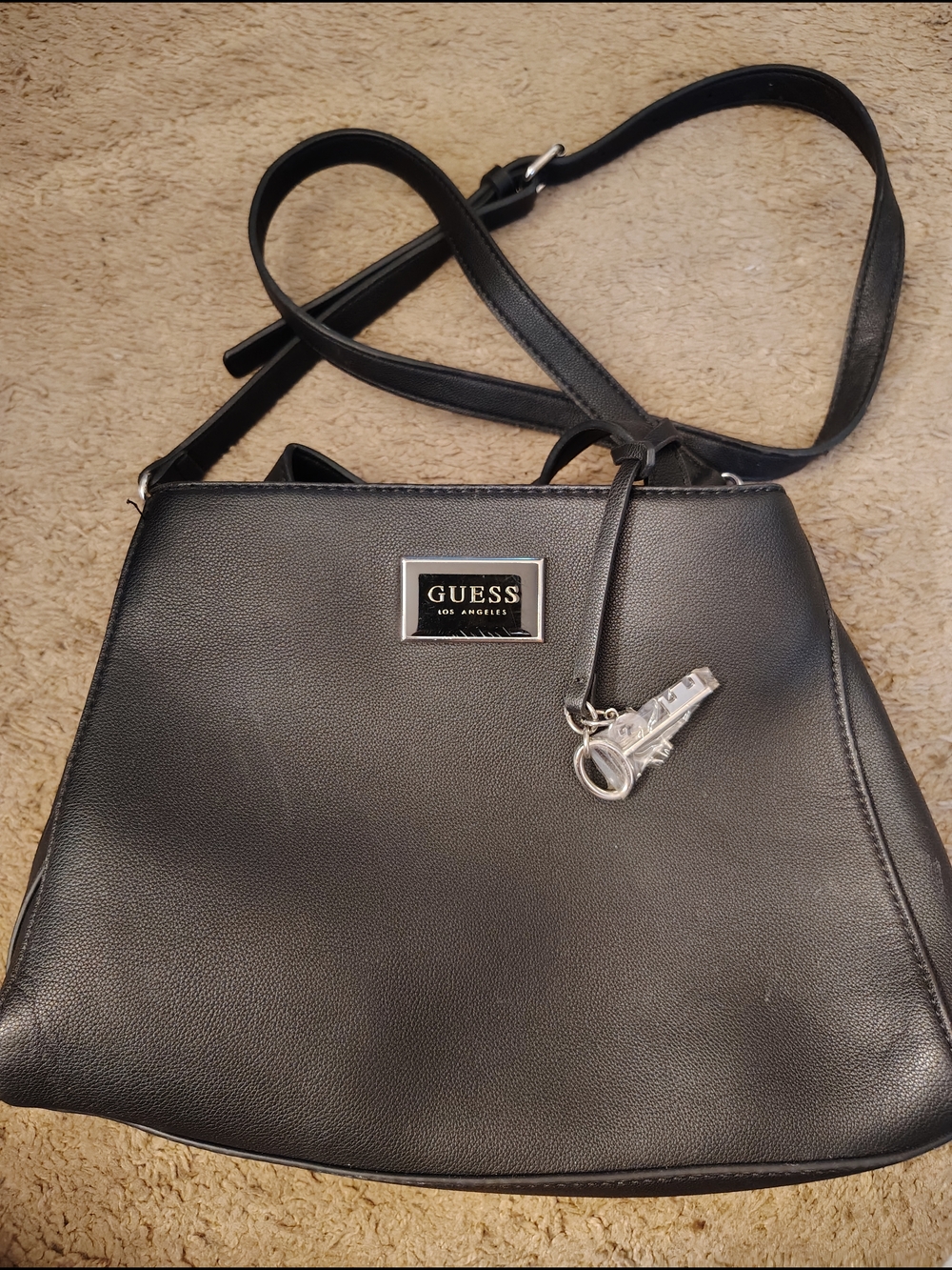 GUESS Black Pebbled Leatherette Shoulder Bag with Silver Hardware